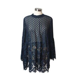 Lane Bryant Lace Tunic Sz 20 Navy Blue Sheer Bell Sleeves Chic Cottage Luxe